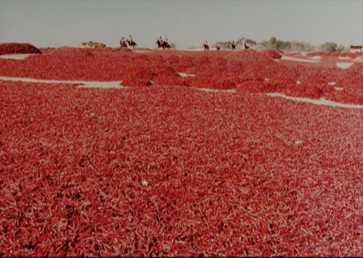 Indian director Ketan Mehta threads a single ingredient, the red chili, into the texture of <em>Mirch Masala</em> (1987). Mehta soaks the film’s frames with the pulse of red chilies.