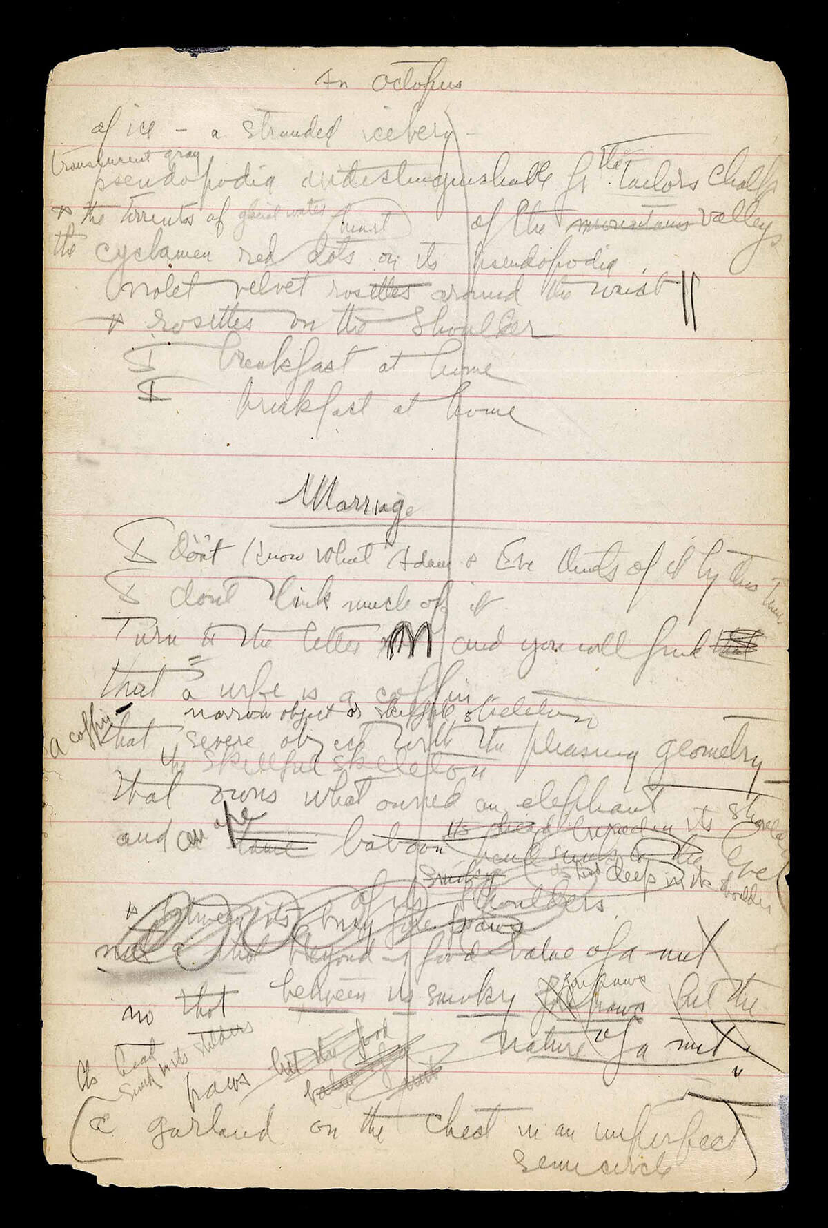 A page from Marianne Moore's poetry notebook (1922-1930). Drafting both “An Octopus” and “Marriage.” Courtesy Marianne Moore Digital Archive.