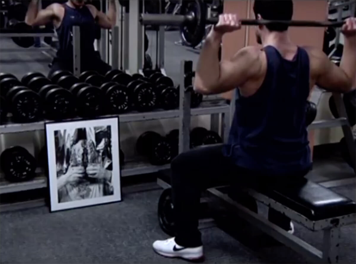 Rallou Panagiotou, <em>Film for Supernature</em> (Seated Bench Press with Günter Brus), 2010 (Still).